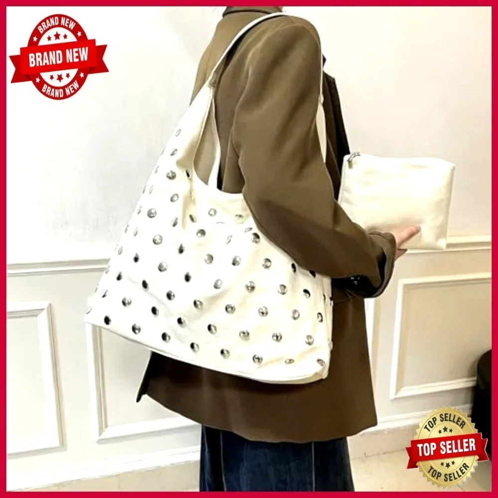 Vegan Leather Studded Hobo Tote Bag, Slouchy Shoulder Purse